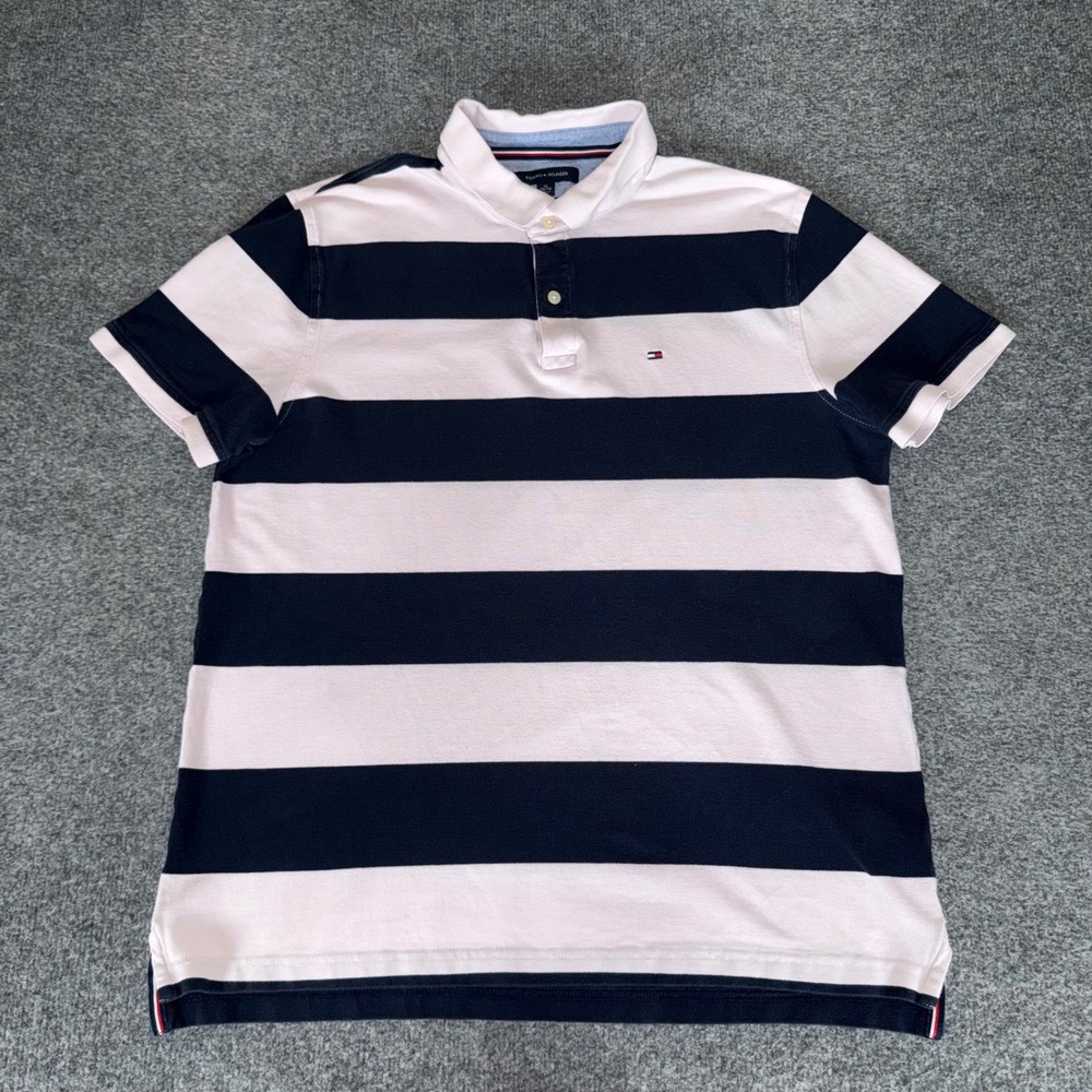 Tommy Hilfiger Mens XL Striped Polo Shirt Navy Pink Cotton Short Sleeve Casual